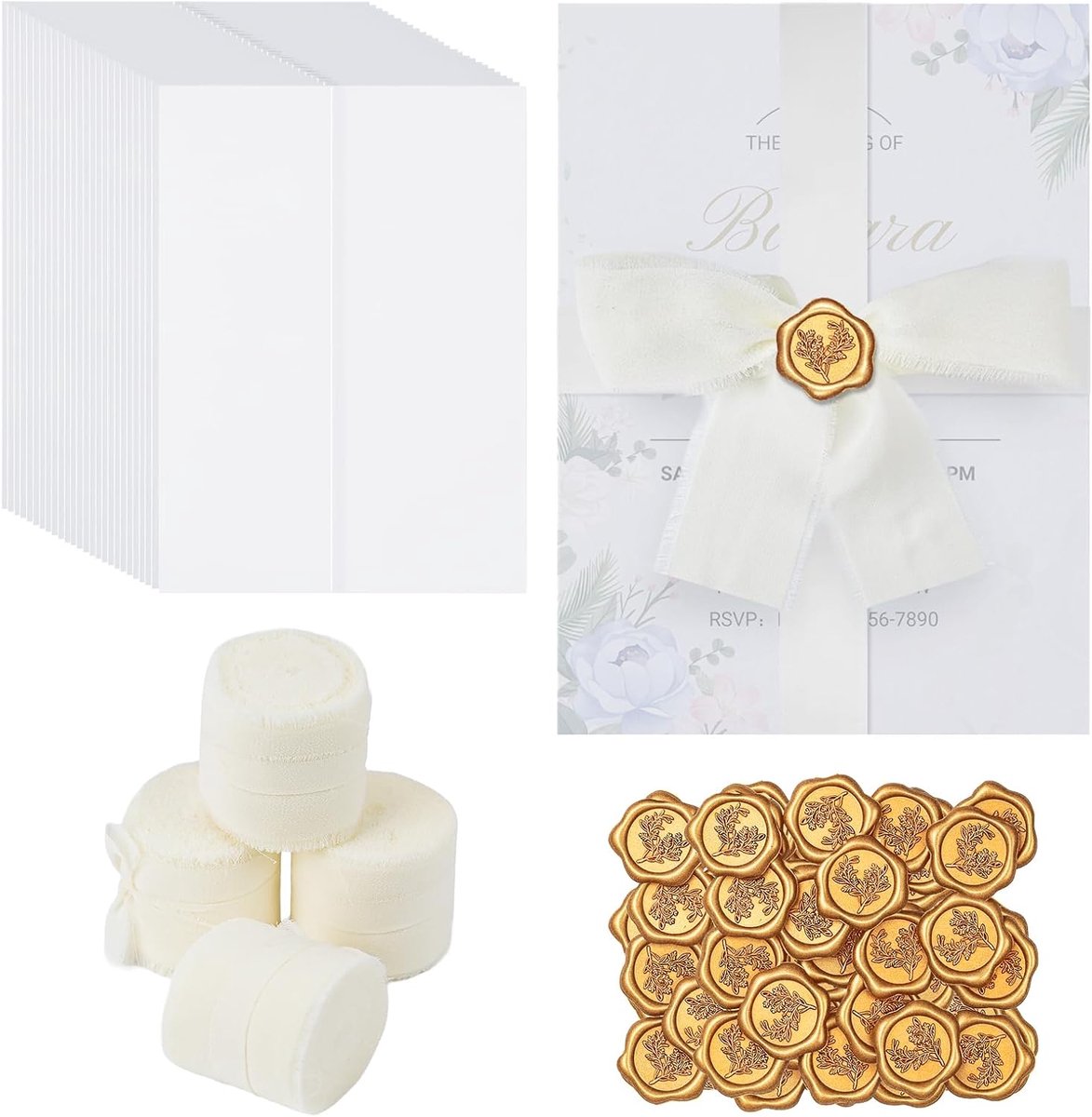 Perkamentpapier voor uitnodigingen met waszegel, zelfklevend en chiffon cadeaulint, 13 x 18 cm, voorgevouwen transparante enveloppen voor bruiloft, babyshower, verjaardag