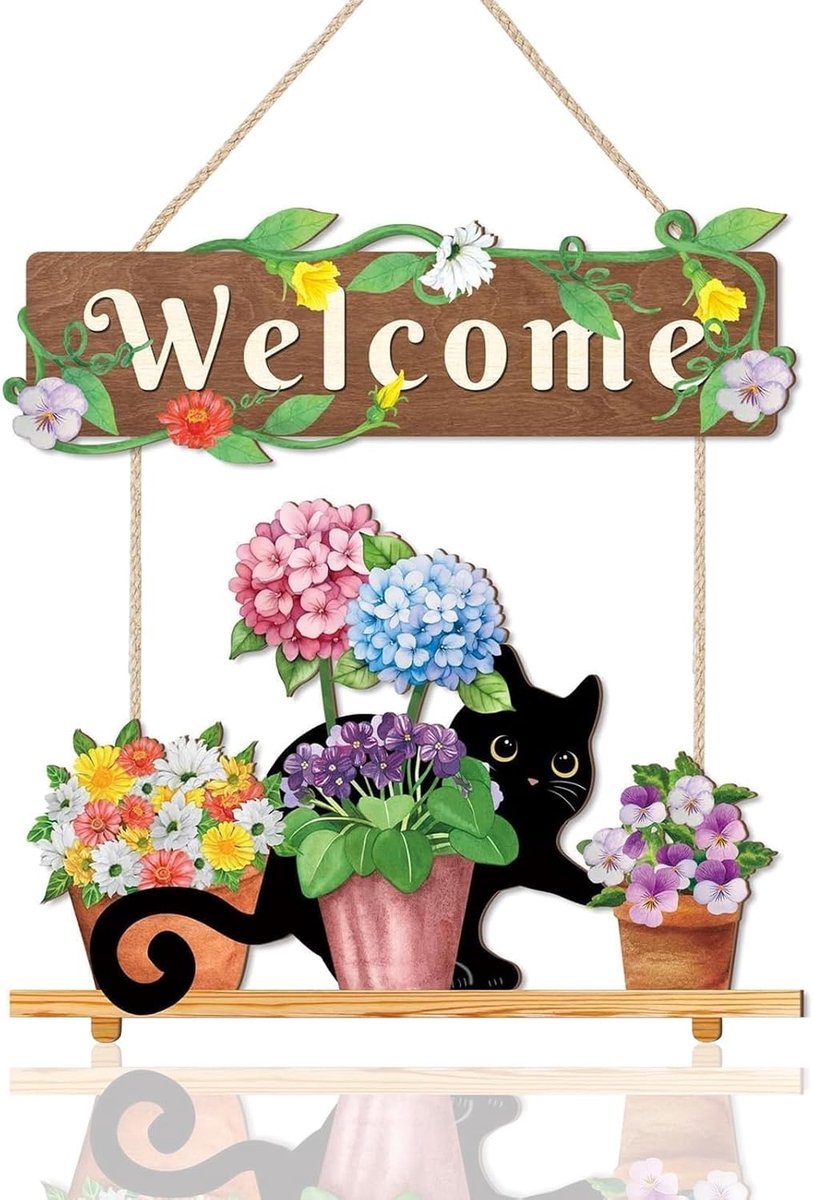 Deurkrans voor het hele jaar, welkomstbord voordeur van hout om op te hangen, deurkrans lente buiten met zwarte kat, kleurrijke bloemendecoratie voor de voordeur, woning, terras, tuin