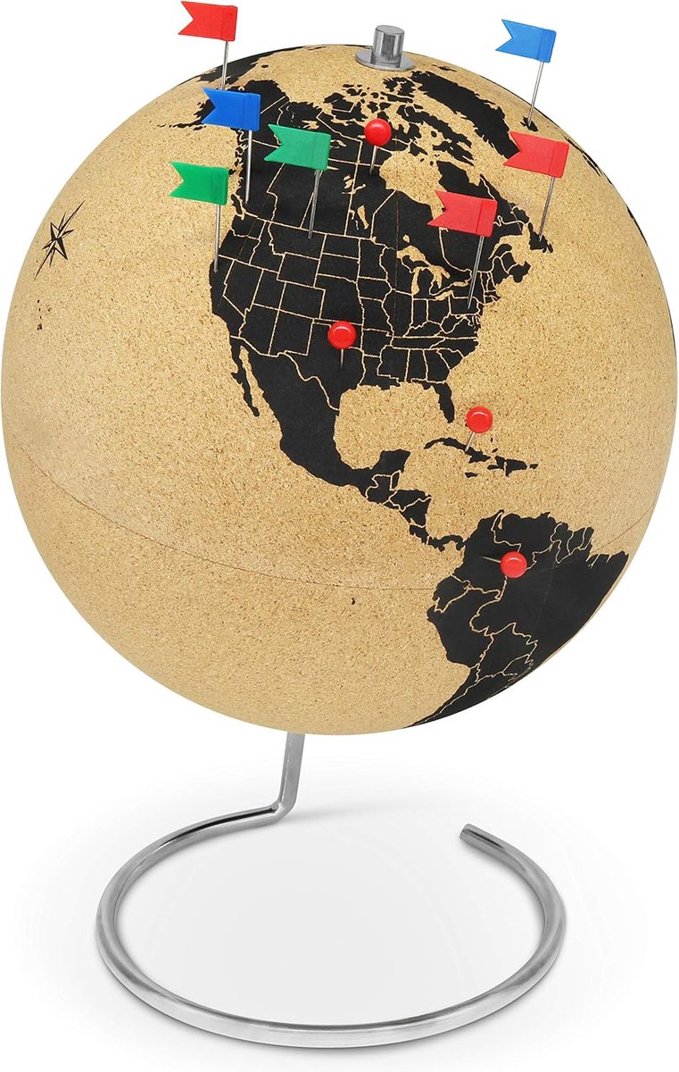 Globe van kurk 33 cm hoog met 54 verschillende pinnen - draaiende globe gemaakt van kurk - wereldbol als cadeau-idee voor globetrotters