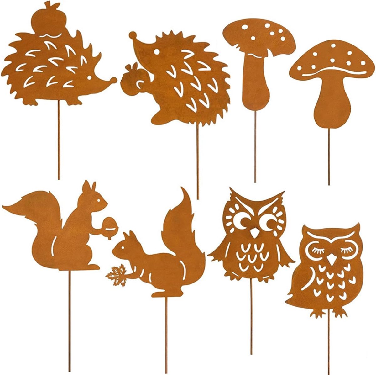 Tuinstekers voor herfstdecoratie buiten, 25 cm, roestlook, tuindecoratie, roest-tuinstekers voor herfstdecoratie met egel, uil, paddenstoelen, eekhoorns, voor binnen, bloempot, terras, cadeau