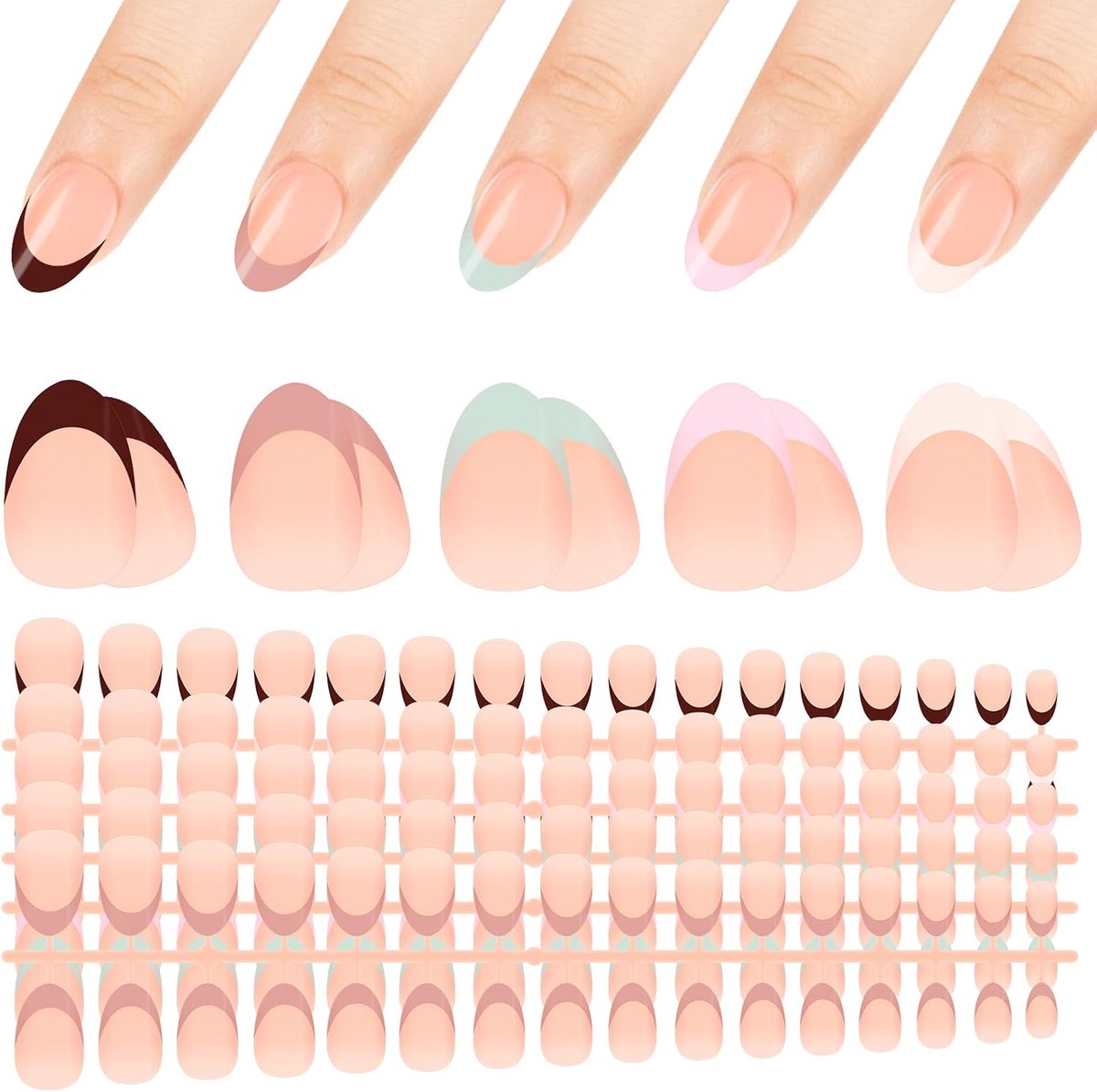 160 stuks French Press on Nails, 16 maten nagels om op te plakken Almond Soft Gel Fake Nails 5 kleuren kunstnagels voor dames nagelverlenging (Beige)