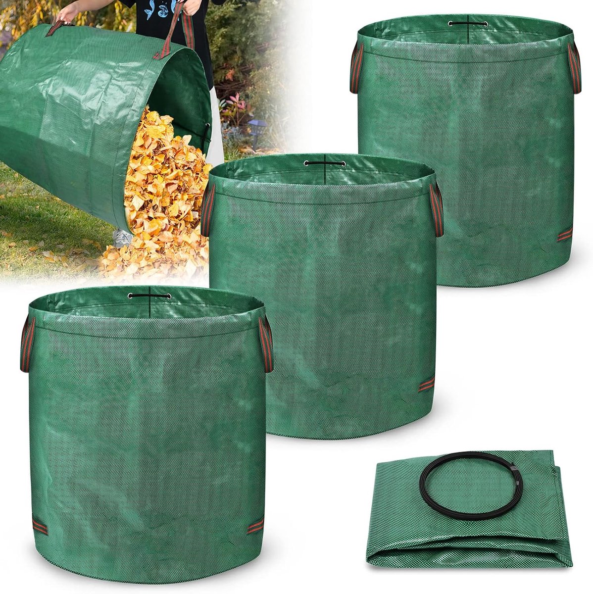 Tuinafvalzakken, 272 l, tuinzakken voor groenafval met handgrepen, stabiel, waterdicht, uv-bestendig, robuust polypropyleen weefsel (PP), 150 g/m², opvouwbaar, bladzakken en tuinzakken