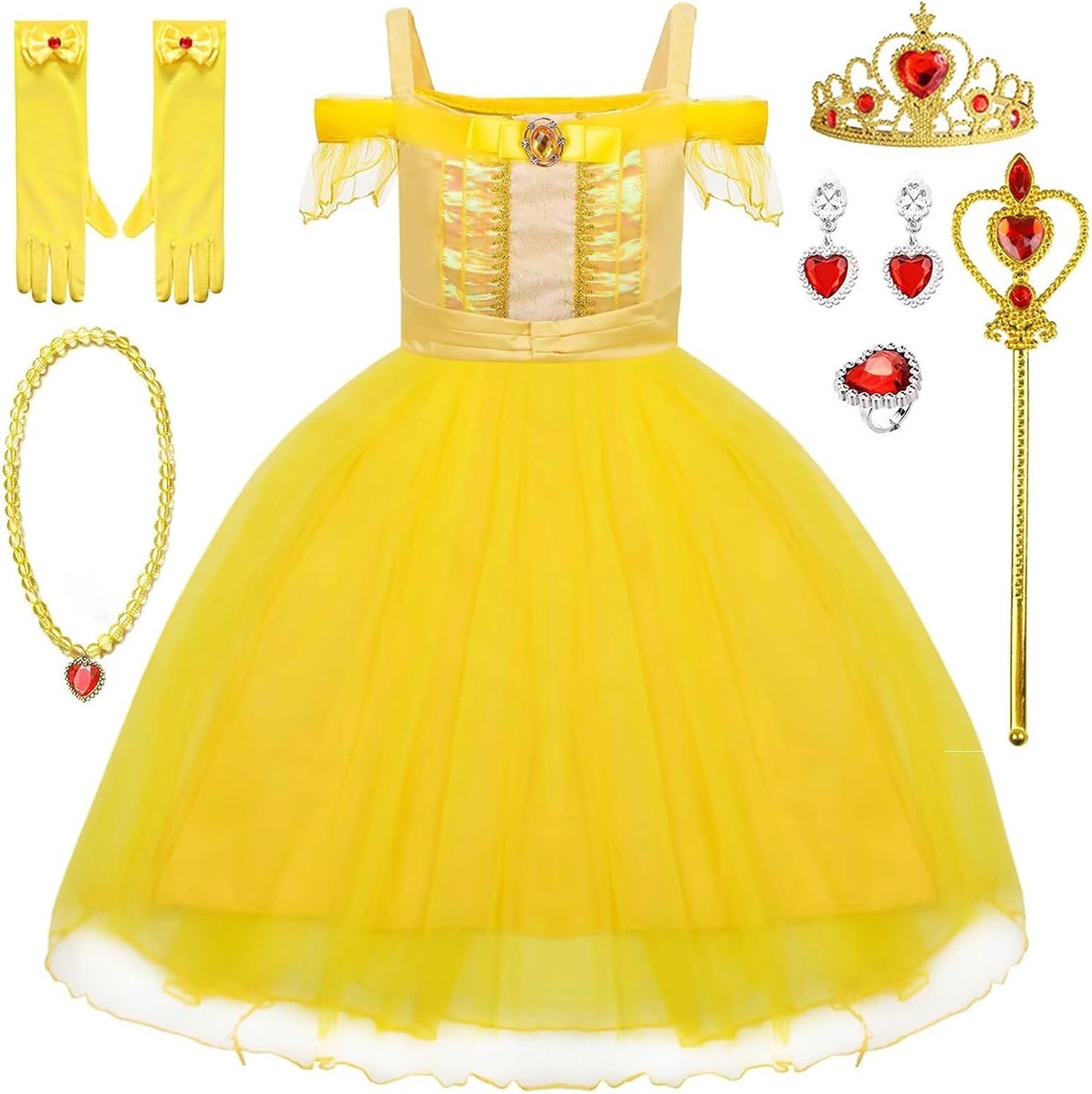 Prinsessenkostuum voor meisjes, Belle en het Beest, kinderen, met accessoires, set, prinsessenjurk, mooi voor carnaval, verjaardag, Halloween, Kerstmis, feest