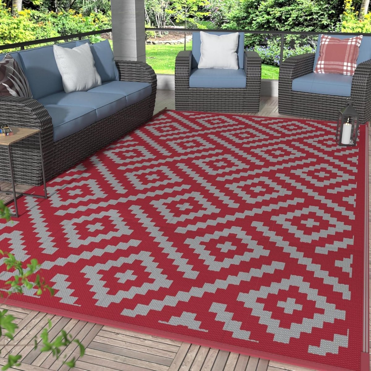 Outdoortapijt, weerbestendig, 180 x 275 cm, balkontapijt, met botanisch bladpatroon, wasbaar, polypropyleen tapijt voor camping, tuin, camper, terras en achtertuin, roodgrijs