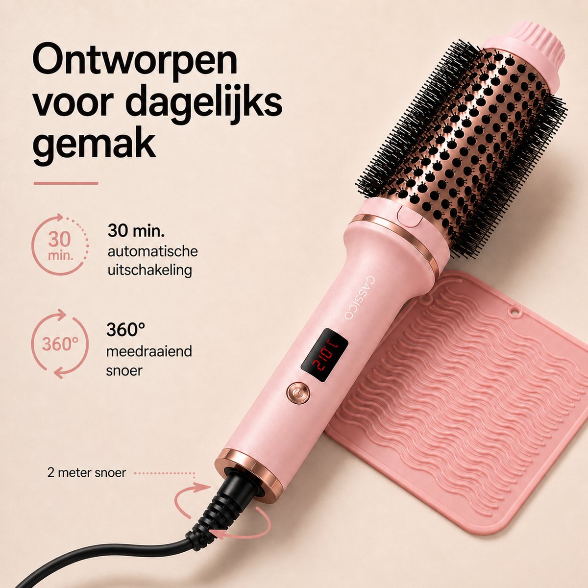 CASSICO® Thermal Brush - Keramische Warmteborstel - Krulborstel Hitte Borstel in 1 - Krultang - Fohnborstel en Airstyler Alternatief - Roze - Incl. Accessoires — cadeau in Verzorging - foto 7