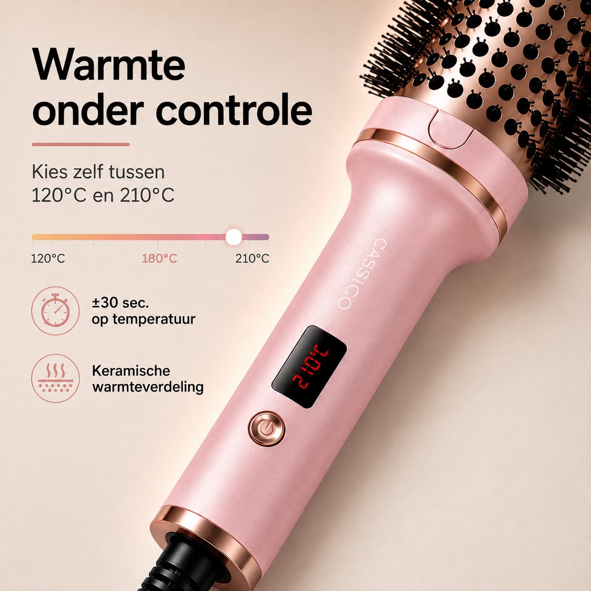 CASSICO® Thermal Brush - Keramische Warmteborstel - Krulborstel Hitte Borstel in 1 - Krultang - Fohnborstel en Airstyler Alternatief - Roze - Incl. Accessoires — cadeau in Verzorging - foto 6