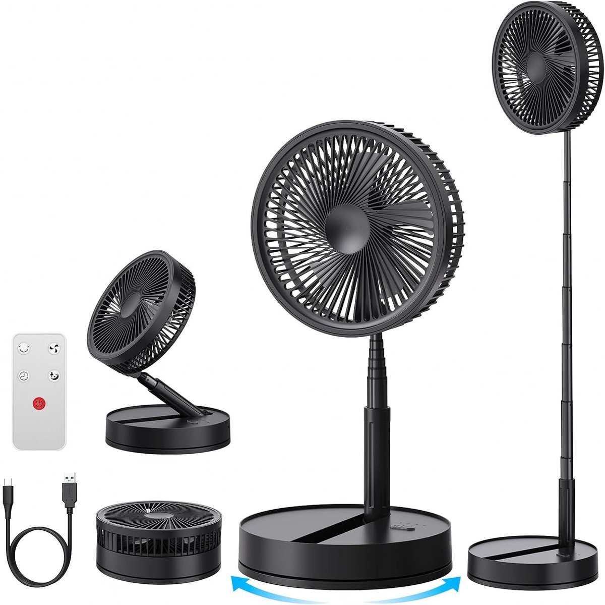 Draagbare Staande Ventilator - Zwart - 8,6 inch - Oplaadbare Ventilator met Afstandsbediening - Voor Kantoor en Slaapkamer
