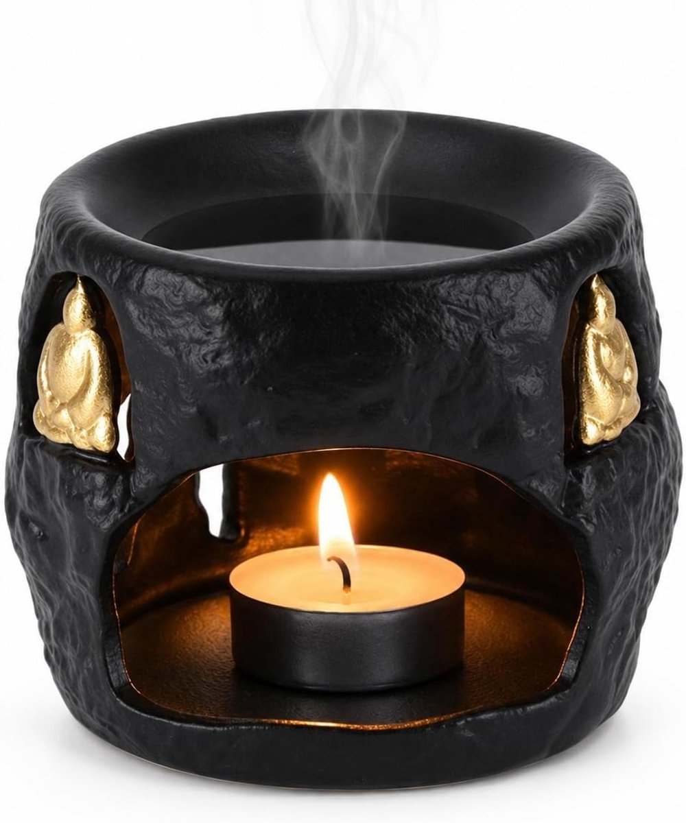 Geurlamp - Zwart - 10,5 x 8,5 cm - Keramische Wierookbrander met Boeddha-motief - Voor Meditatie en Ontspanning
