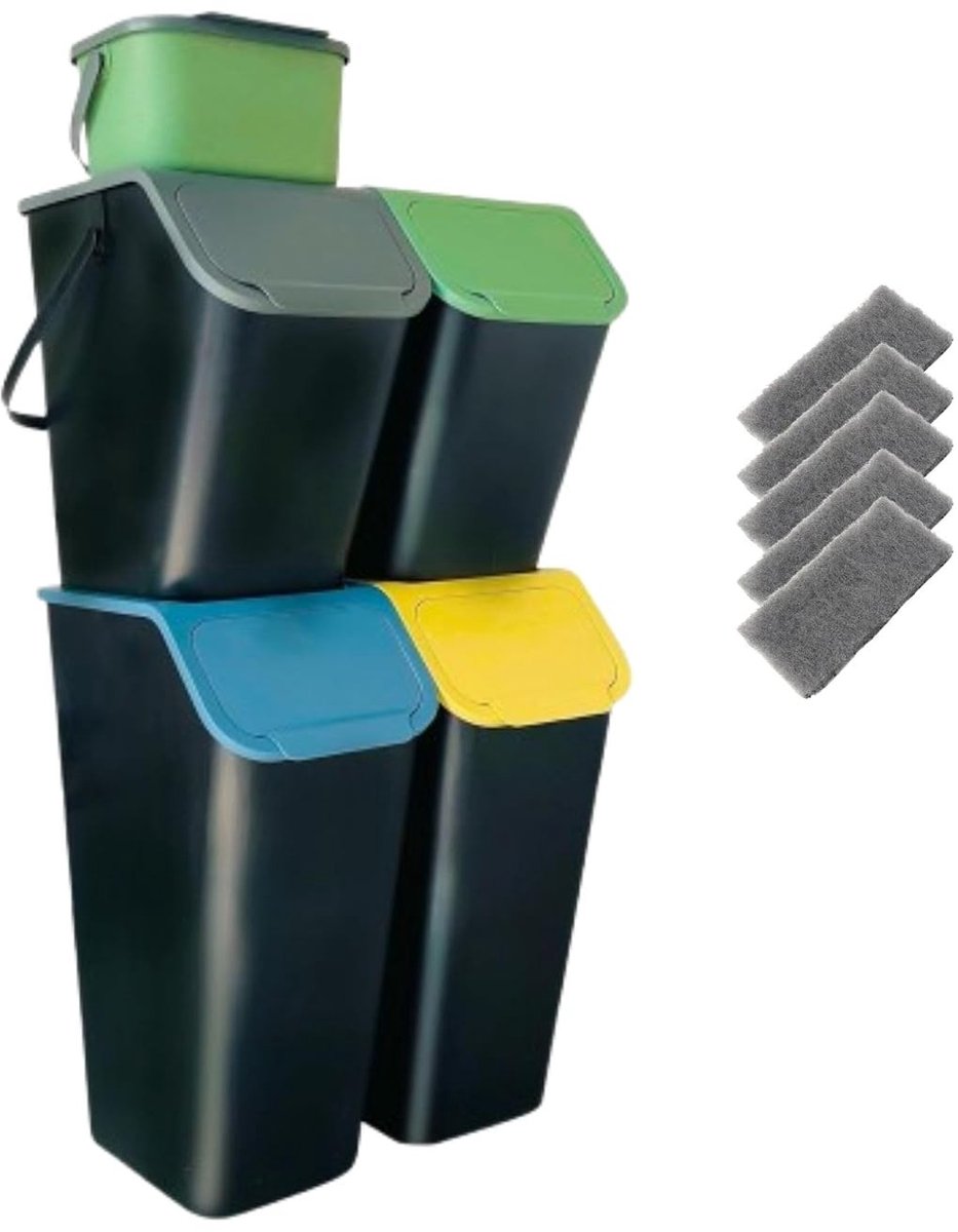 Afvalscheidingsset - Kunststof - 2 x 35L + 2 x 25L + 1 x 4,5L - Modulaire Vuilnisemmer Set met Deksels - Voor Keuken en Appartementen