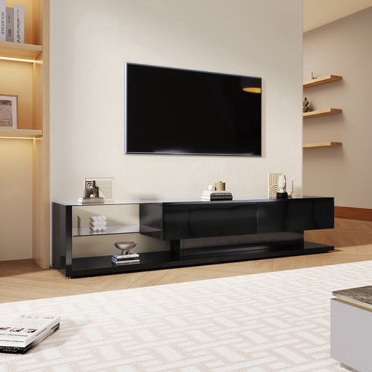 Lage TV-kast – Lowboard – Tv-meubel – Media Console – Entertainmentkast – Uitschuifbaar 127-150 cm – Hoogglans Zwart Spaanplaat