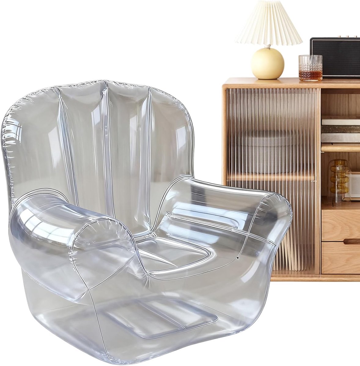 Transparante opblaasbare fauteuil van PVC, doorzichtige opblaaszetel met armleuningen, stijlvolle opblaasbank voor woonkamer, feesten en fotoshoots, afmetingen 100 x 90 x 95 cm