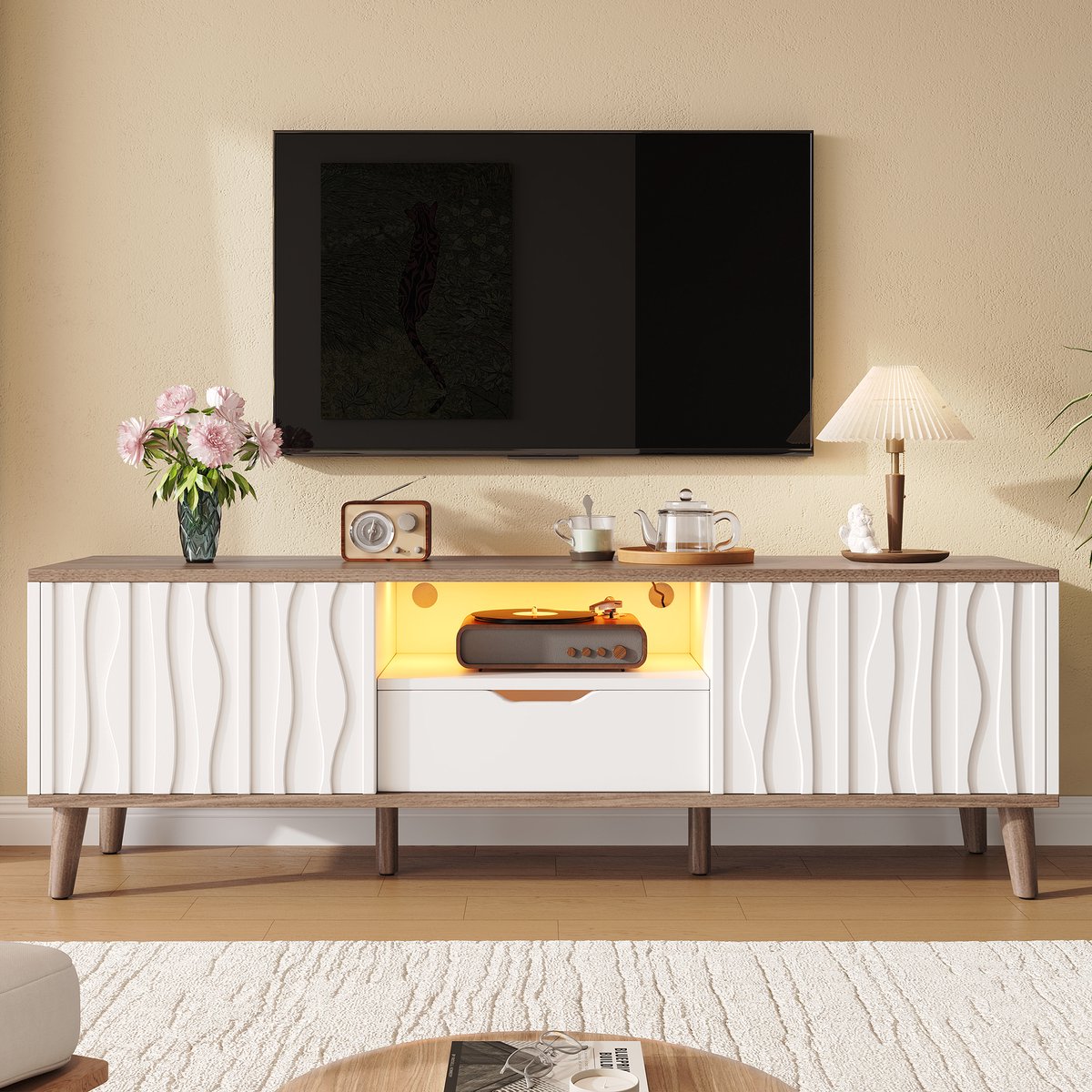 VVBV TV-Meubel 160x40x52 cm - App-Bediening, Opbergruimte, LED-Verlichting, Met Lades - Wit/Walnoot, Spaanplaat