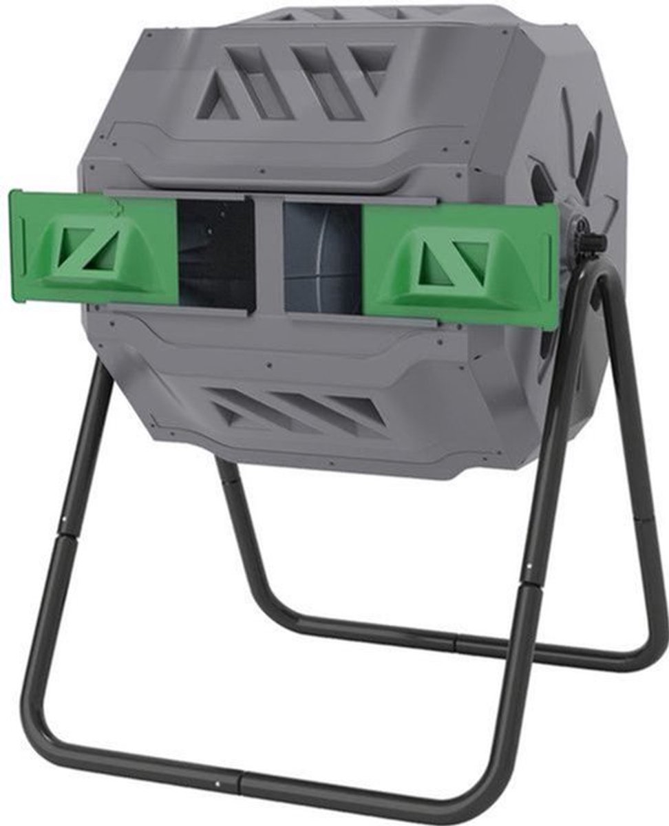 Compostbak – Compostcontainer – Compostton – Compostvat – Composteerbak – 2-Kamer Systeem – 160L Capaciteit – Draaibare Trommel – Grijs Groen Zwart