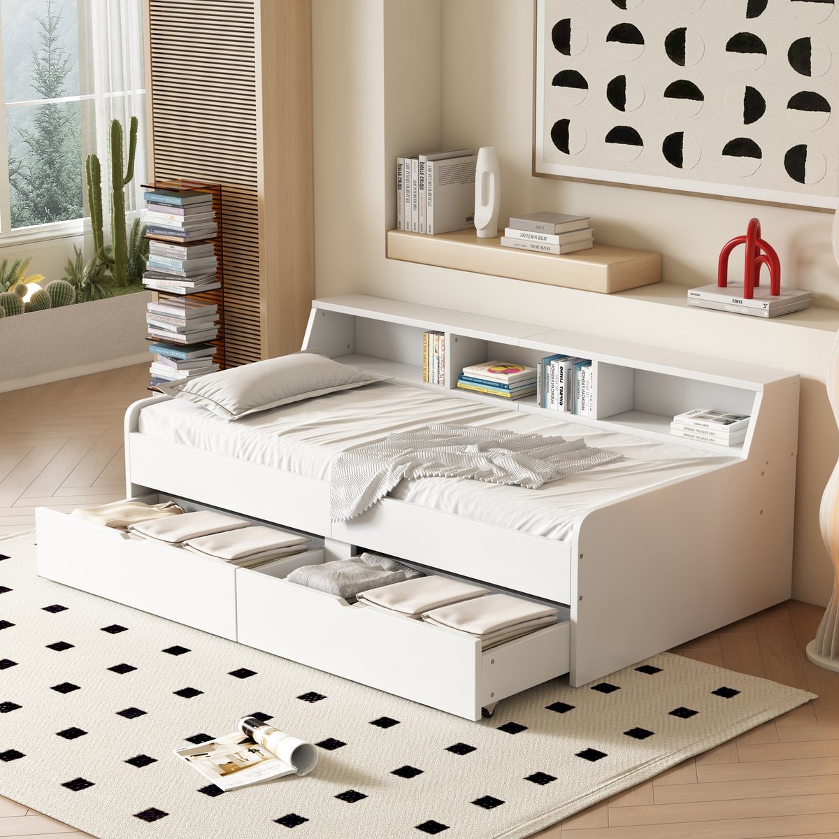 Bedframe - voor matras 90 x 200 cm - wit - met opbergruimte en lattenbodem - matras niet inbegrepen - voor de slaapkamer