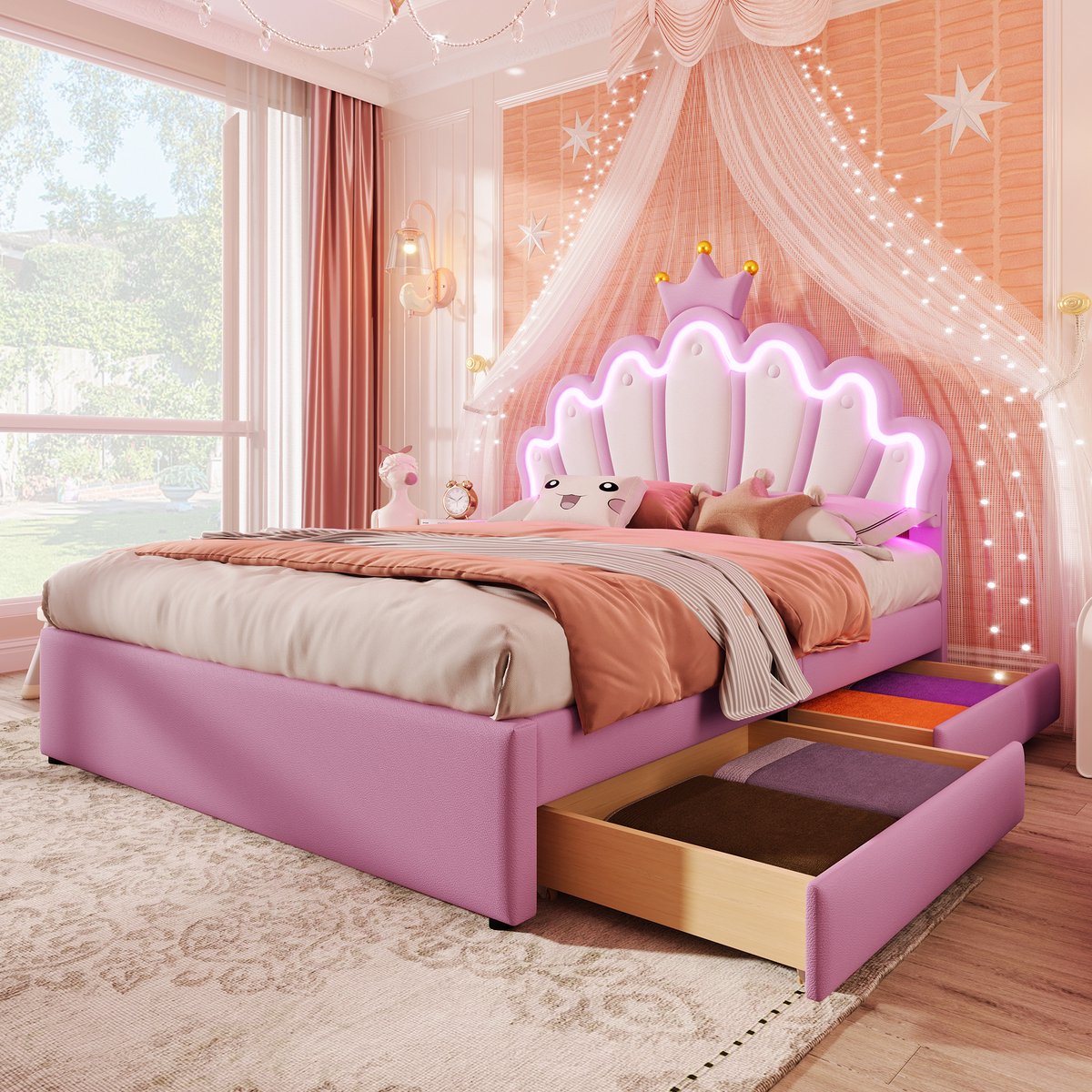 Kinderbed - voor matras 140 x 200 cm - roze - met LED-verlichting en opbergruimte - matras niet inbegrepen - voor de slaapkamer