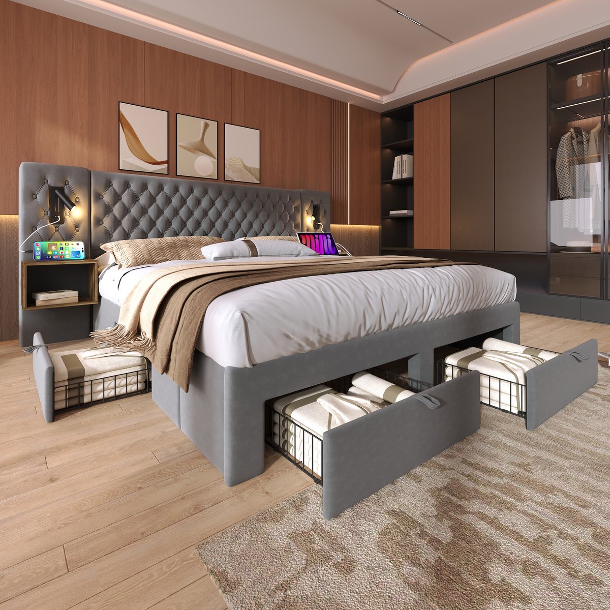 Zubaliya Gestoffeerd bedframe - voor matras 180 x 200 cm - grijs - met USB-aansluiting en opbergruimte - matras niet inbegrepen - voor de slaapkamer