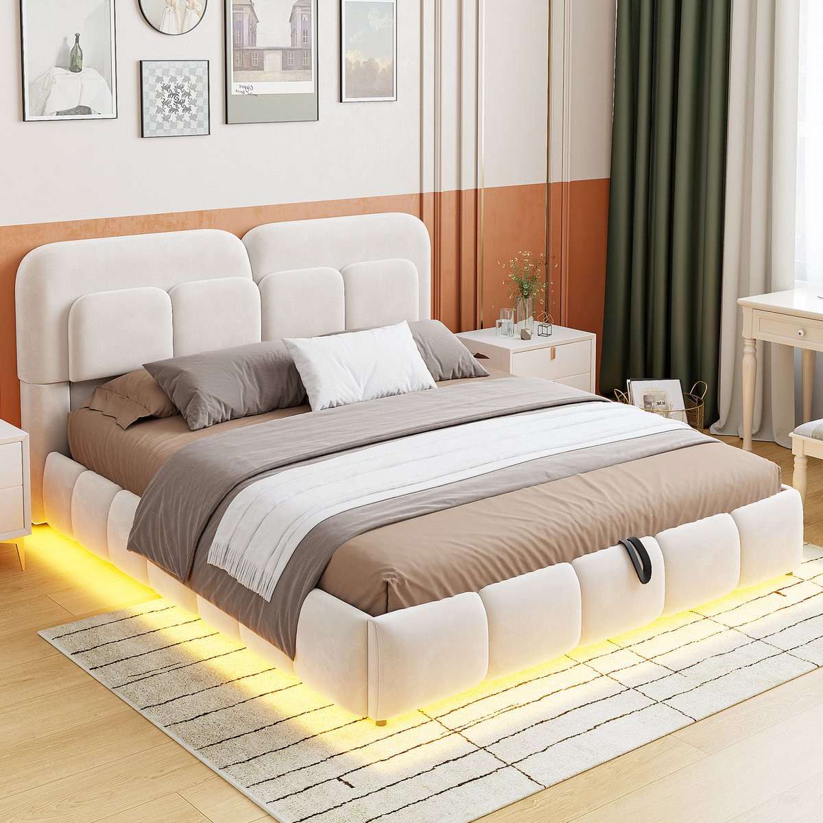 VVBV Tweepersoonsbed 140x200 cm - Hydraulische Opbergruimte, LED-Verlichting, Gestoffeerd Hoofdbord - Beige