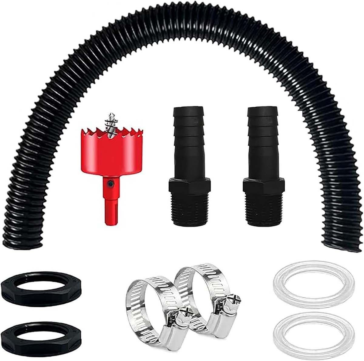 Complete Set voor Verbinding van Regenwateropvang, Inclusief Hoekstuk, 2 Joints 25 mm, 0.5 m Slang, Gatboor en Slangklem, Ideaal voor Regenwater Tanks en Opslagsystemen