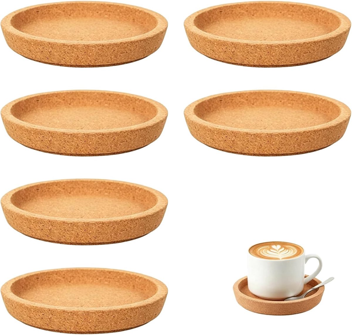 Set van 6 Ronde Kurken Coasters met Verhoogde Rand, Extra Dikke Warmtebestendige Onderzetters voor Koffie, Thee en Meubelbeveiliging