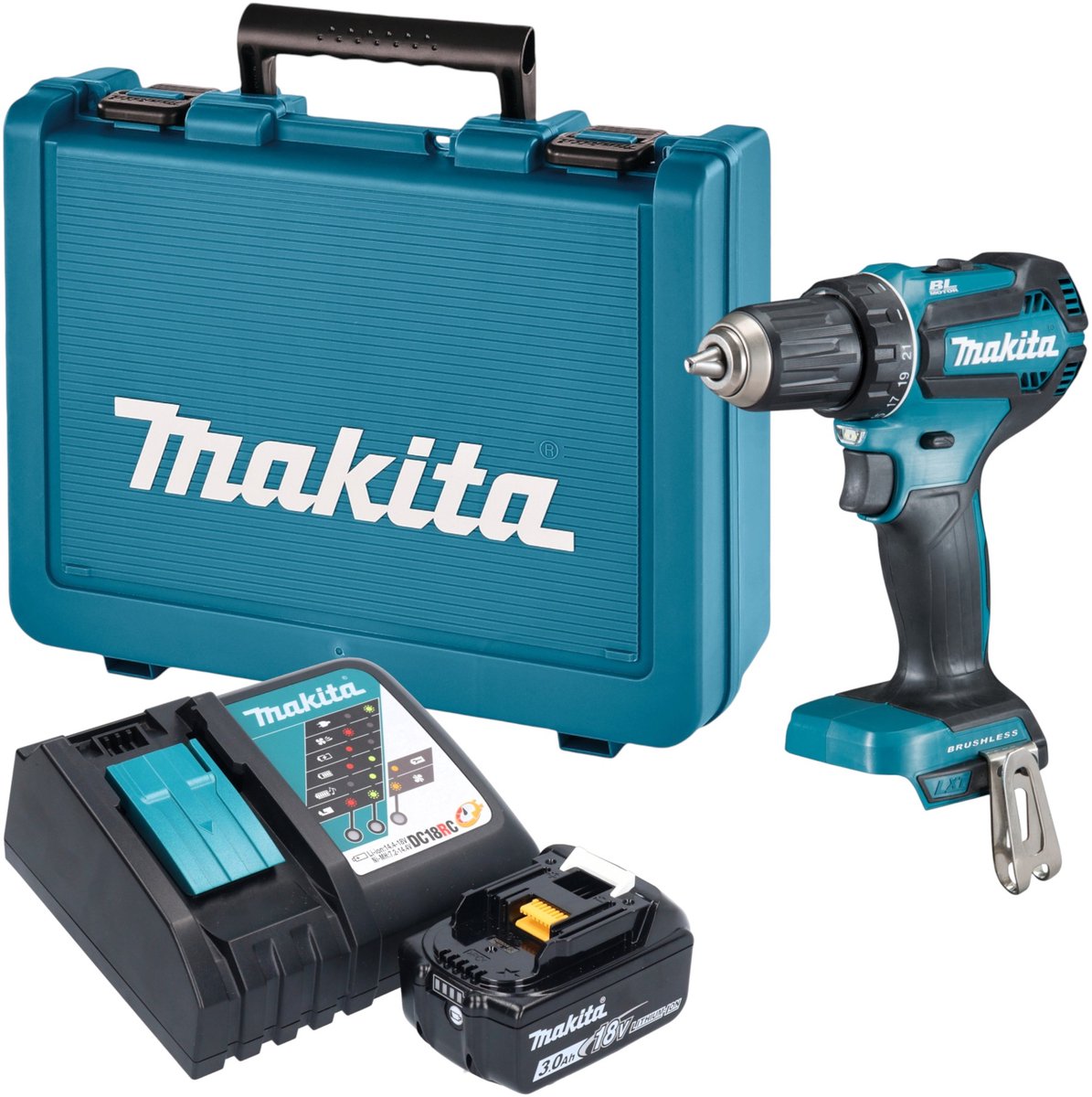 Makita DDF 485 RF1E accuboormachine 18 V 50 Nm borstelloos + 1x accu 3,0 Ah + oplader + koffer