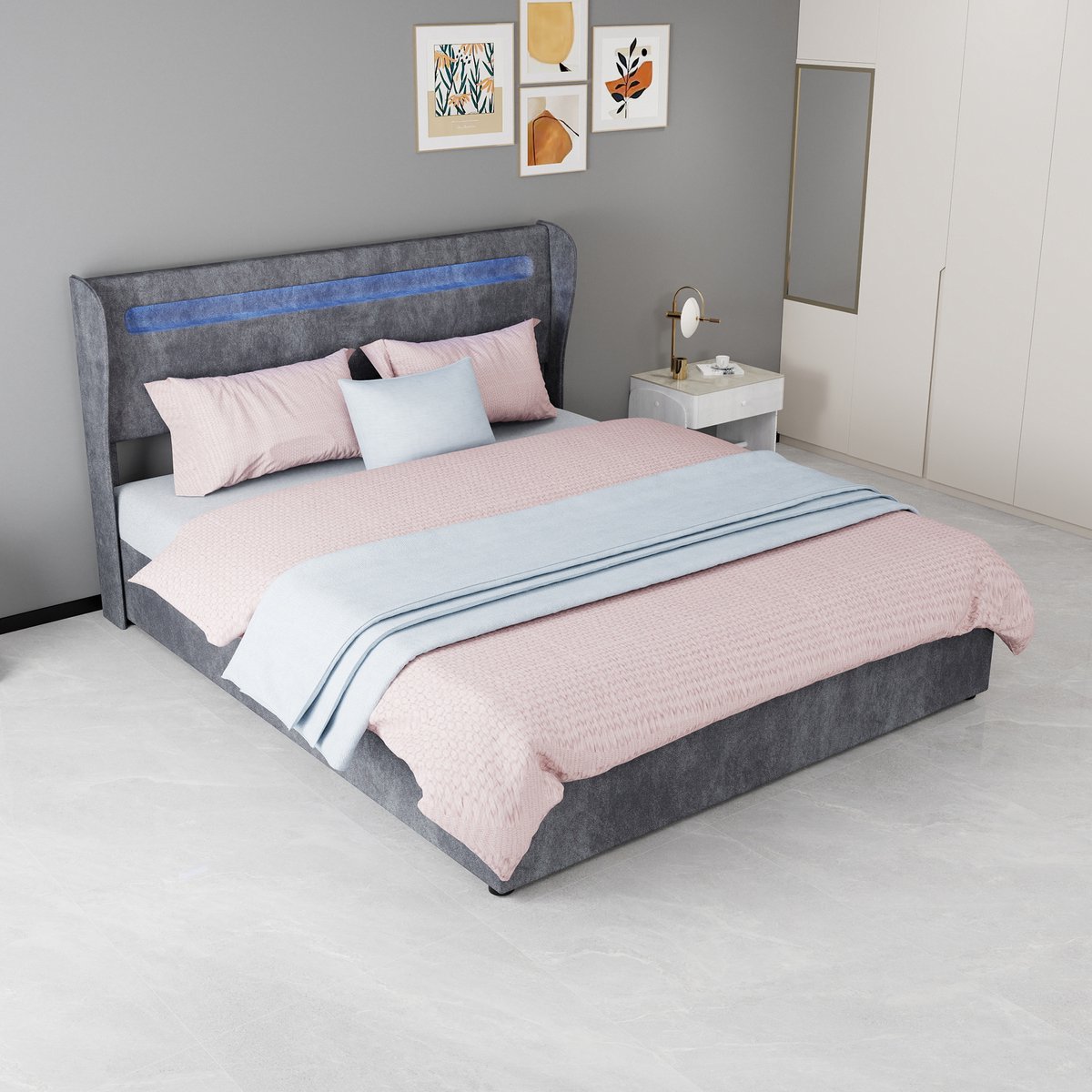 COVREO Bed 160x200 cm grijs stof, LED hoofdbord, matras inbegrepen