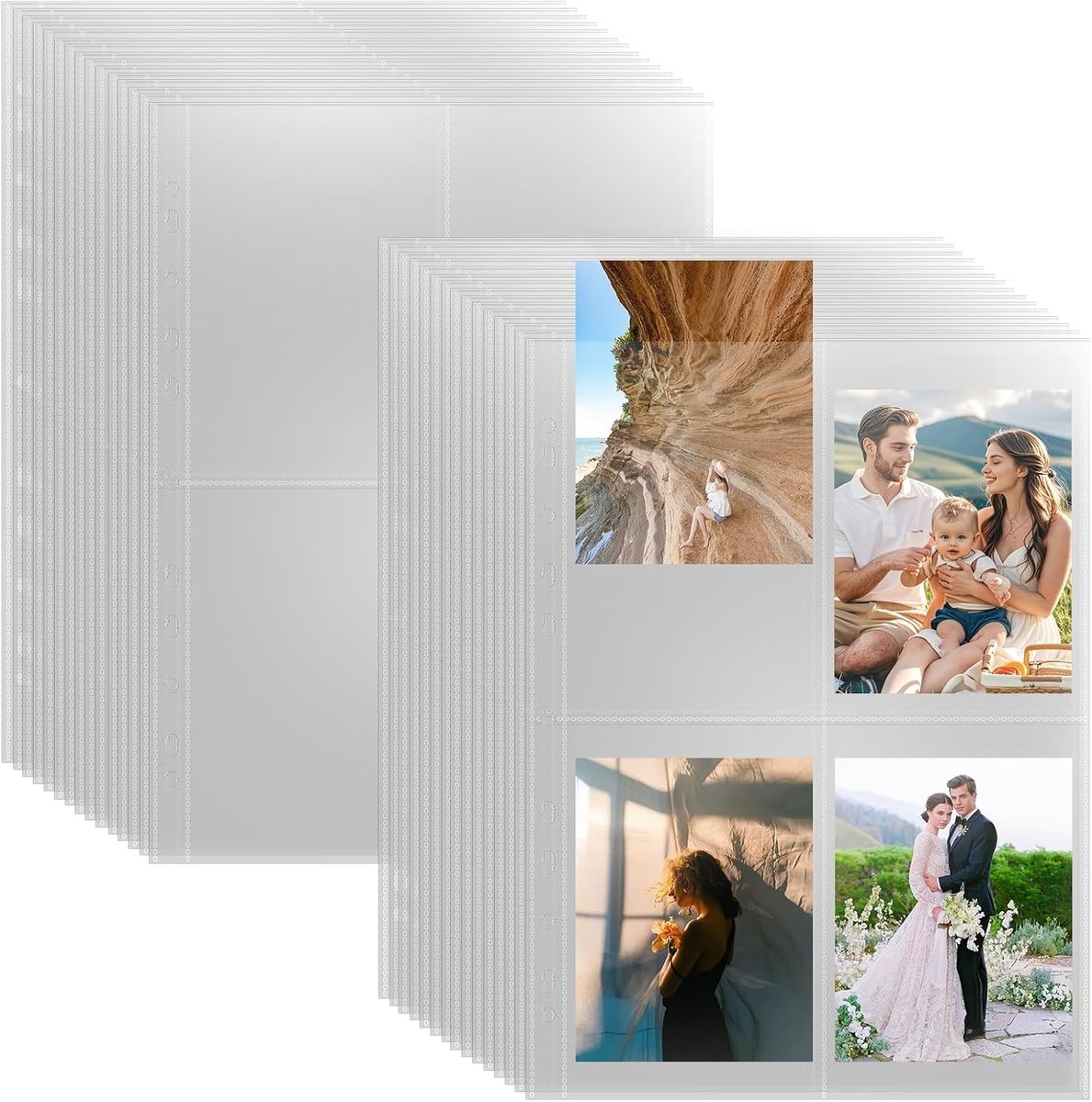 Transparante fotohoezen A4 met 4 compartimenten | Geschikt voor ringbanden, foto’s en ansichtkaarten, 11 gaten, 11 x 15,2 cm