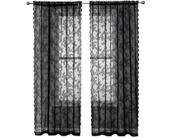 Kanten gordijnen - set van twee - decoratieve kanten vitrage - halfdoorzichtig en verduisterend, Voor zowel woonkamer als slaapkamer - zwart - 150 x 250 cm