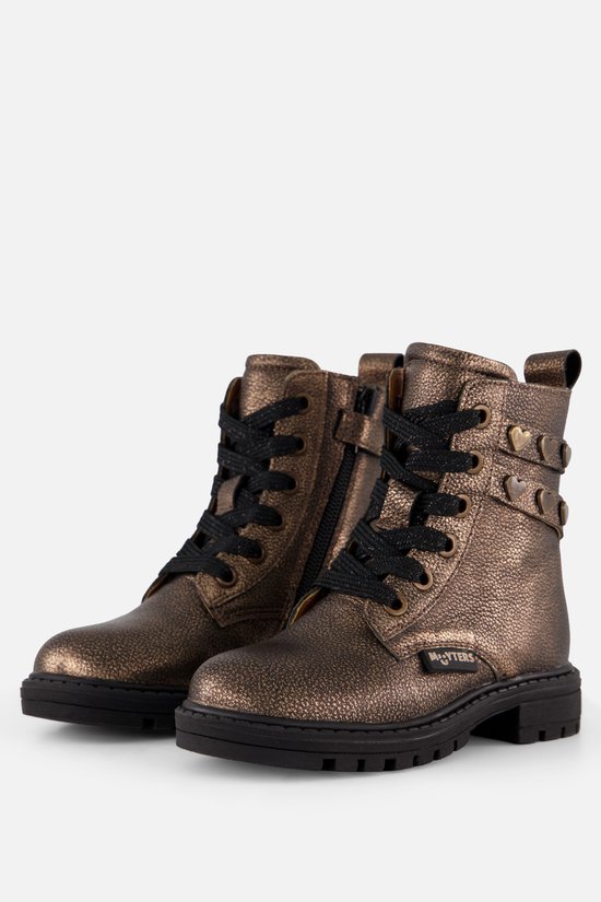 Bronzen veterboots van Muyters met zwarte veters, rits en hartjesdetails op de zijkant.