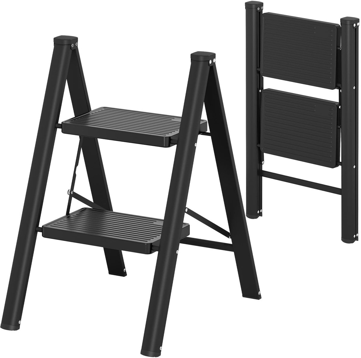 SolidKeus - Stevige 2-Treden Ladder met Antislip Treden, Zwart