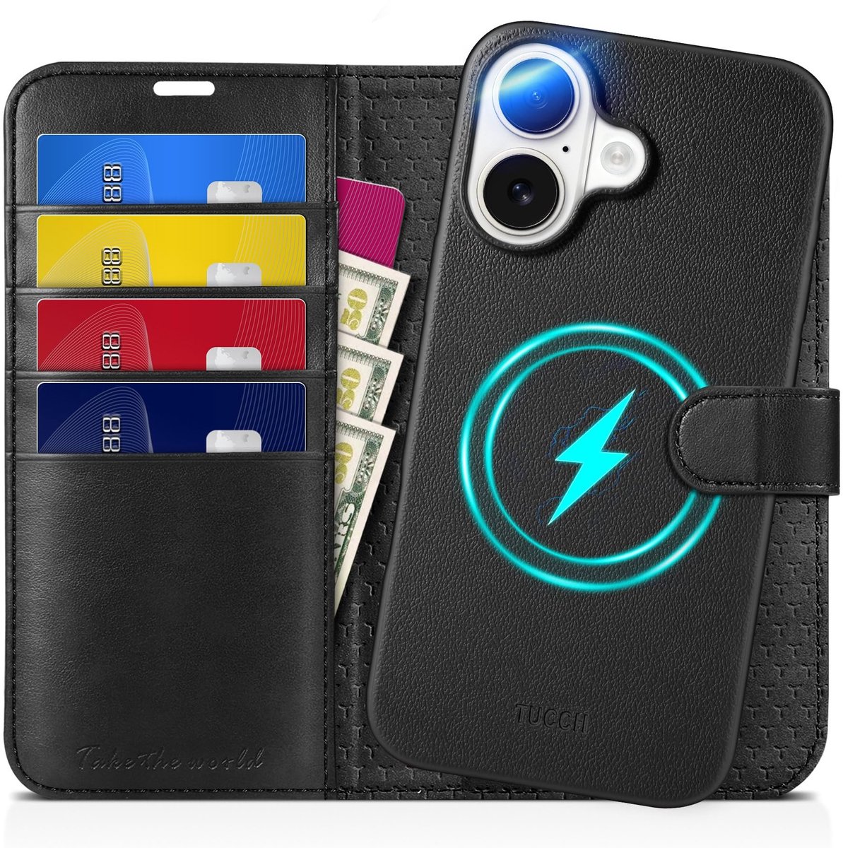 SolidKeus - Detachable Wallet Case voor iPhone 16 (6.1 inch) in Volledig Zwart met Kickstand