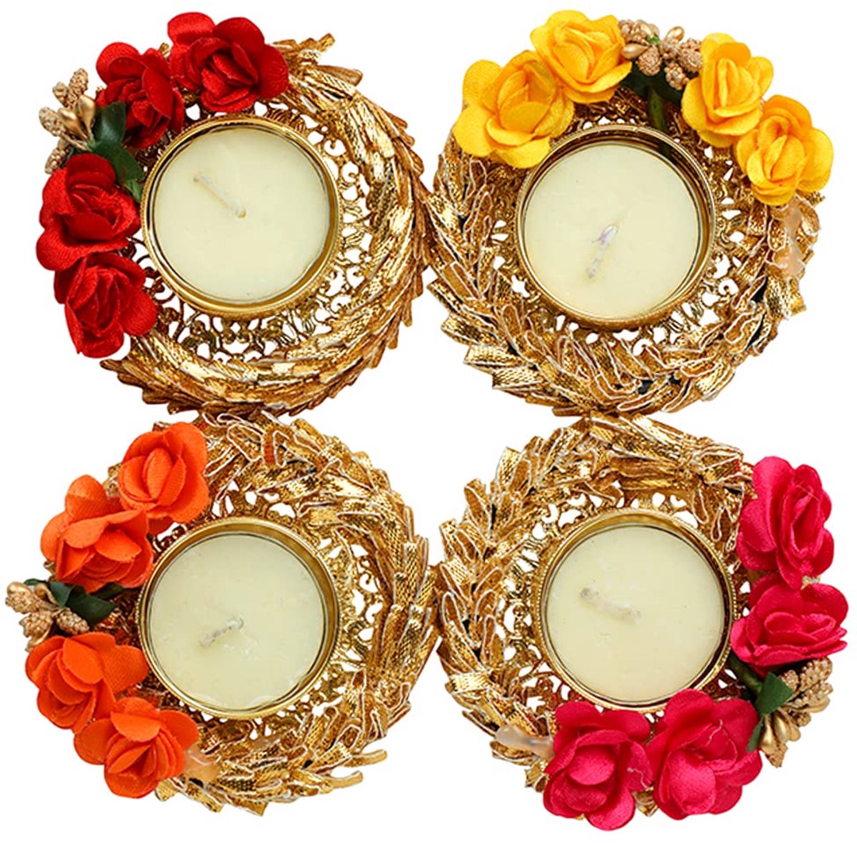 Set van 4 Theelichthouders - Kleurrijke T-Light Kandelaren voor Traditionele Feestdecoratie - Decoratieve Kaarsenhouders voor Bruiloft, Woondecoratie & Feestelijke Verlichting - Zonder Wax - Formaat 3 inch