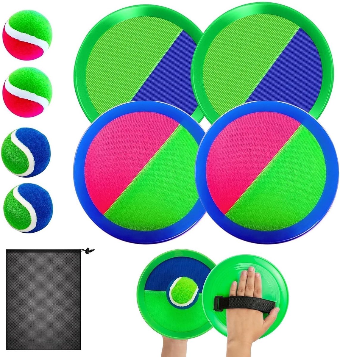 4 Rackets en 4 Ballen Set voor Catch Ball Spel, Robuust Speelgoed voor Tuin, Camping en Kleuterschool met Hoge Grip