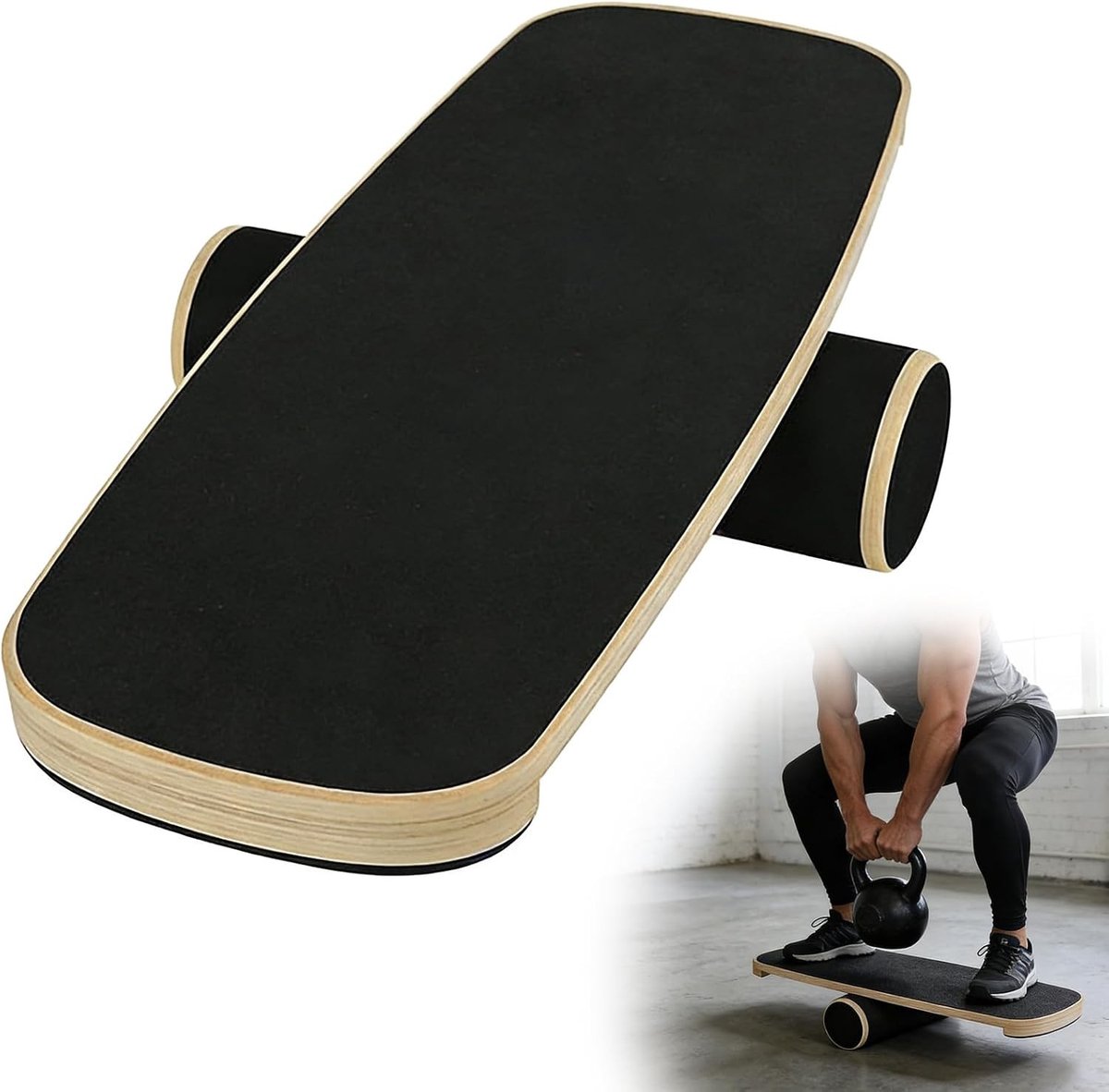 Balance Plank voor Evenwichtstraining, Coördinatie en Thuisfitness - Houten Balance Shelf met Verstelbare Stoppers en Korkrol