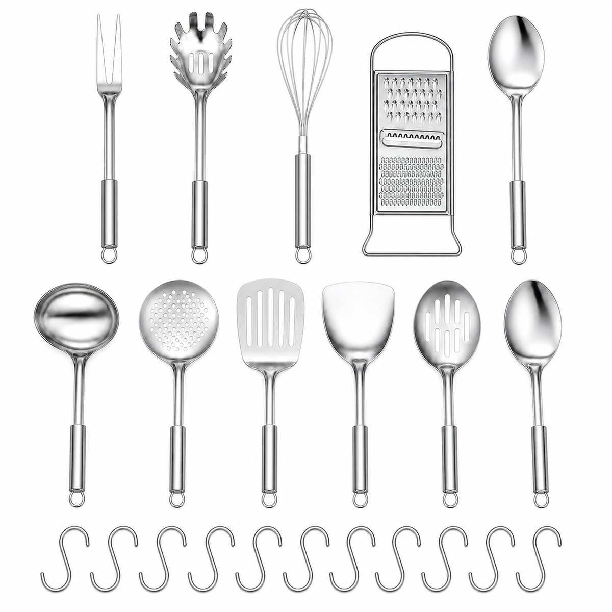 JustValue Keukengerei Set - 22-delig - RVS - Met 11 Haken - Zilver