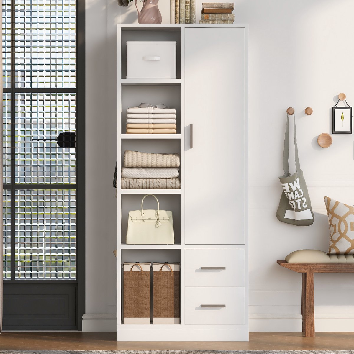 VVBV Kledingkast 70x50x170 cm – Opbergruimte, Lades en Legplanken – Minimalistisch – Modern Design – Voor Slaapkamer – Wit