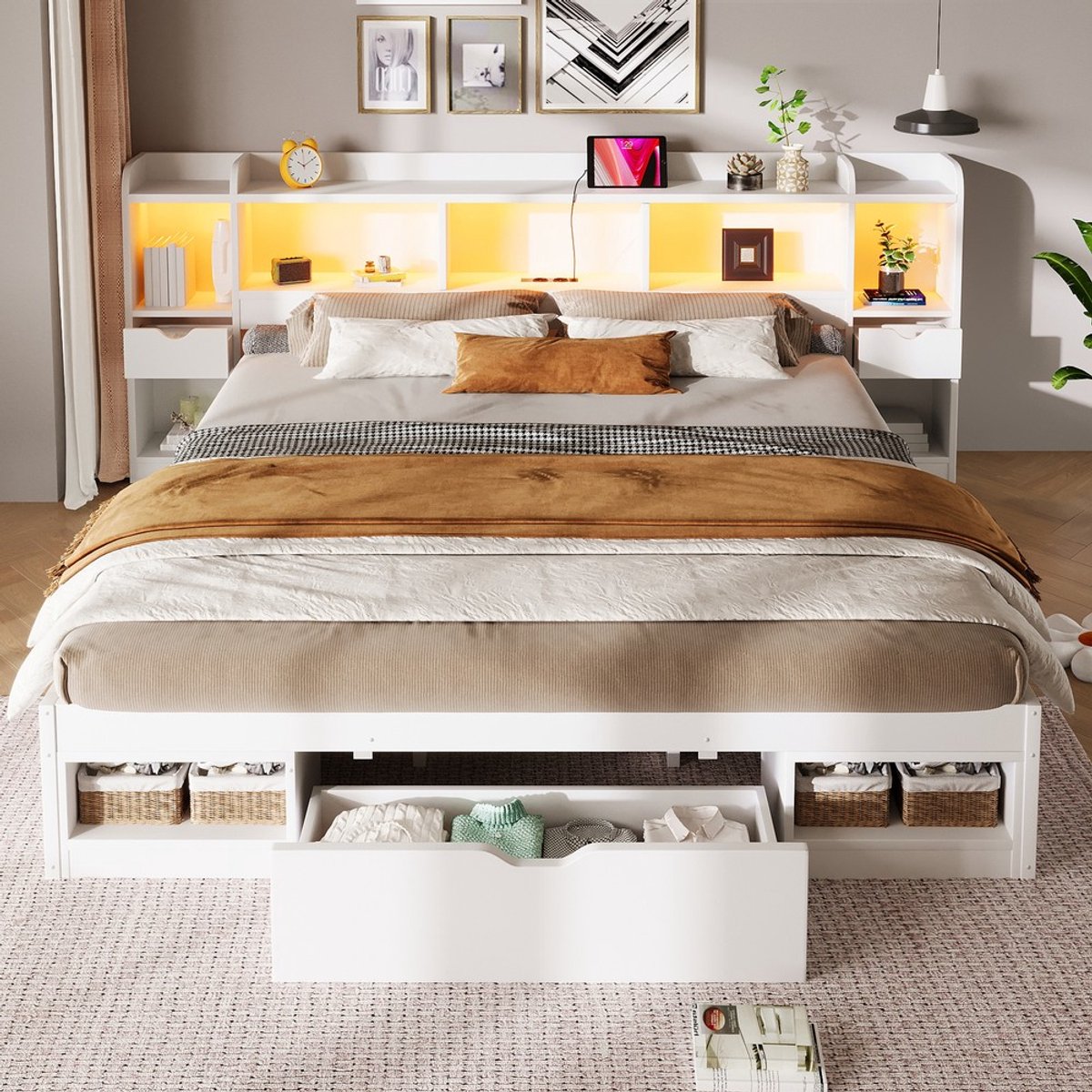 Pugsdrly Platformbedframe (180 x 200 cm), met hoofd- en voeteneinde met opbergruimte, 3 lades, meerdere opbergvakken, LED-lichtstrip en USB-aansluiting, wit.