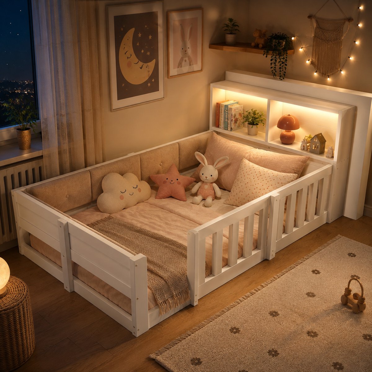Welltin Kinderbed 90x200 cm - Eenpersoonsbed - Vloerbed - Multifunctioneel bed - Met veiligheidsleuning - Met led-lichtstrip - Hoofdbord met opbergruimte - Met een gewatteerde rugleuning - Wit