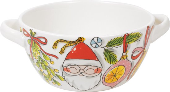 Witte serveerschaal met twee oren, gedecoreerd met een illustratie van de Kerstman en kersttakken.