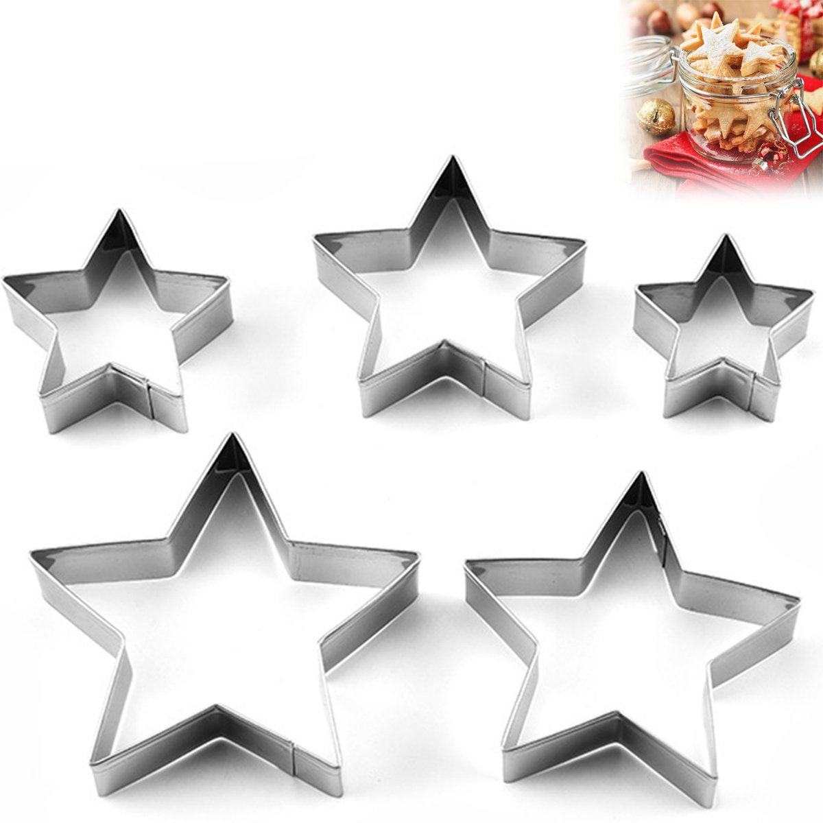 Sterrenkoekjesvormenset 5 stuks- metalen koekjesvormen in stervorm- geschikt voor sandwiches en koekjes- ideaal voor kinderfeestjes en verjaardagen.