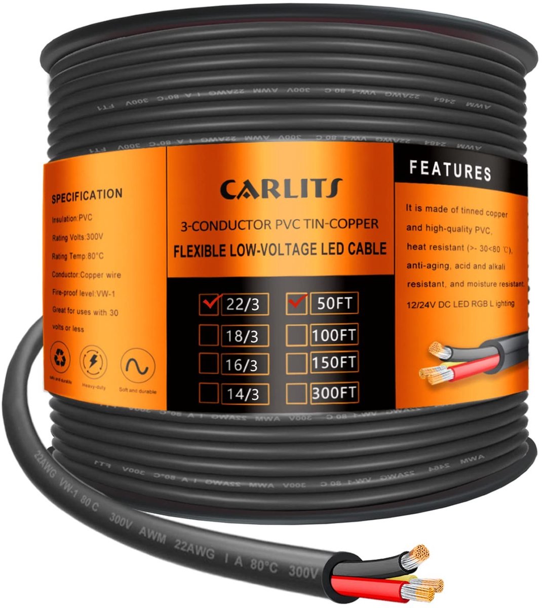 SolidKeus - 3-aderige Elektrische Kabel 15.24 m voor LED Verlichting