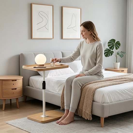 Bijzettafel met wieltjes, in hoogte verstelbaar, 60-90 cm, C-vorm, bijzettafel, hout, 360 graden, mobiele bank, bijzettafel voor woonkamer, bank, bed (natuurlijke houtkleur) — afbeelding 3