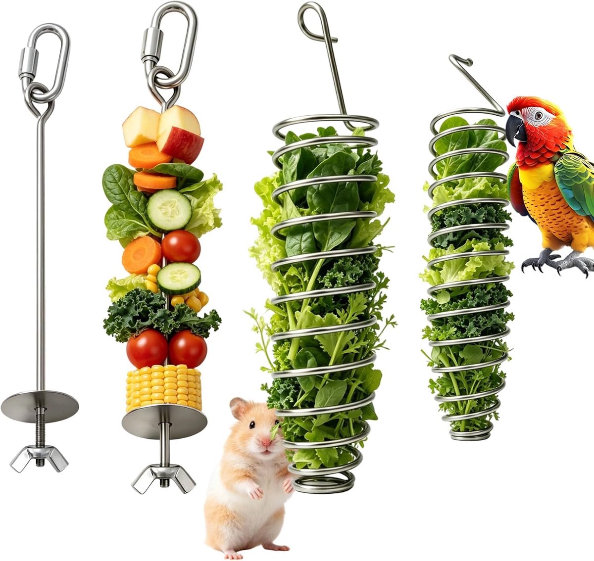 Speelgoed, 4 stuks roestvrijstalen voederdispenser, papegaaienspies fruit groenten houder voor papegaaien, voederdispenser, parkieten, vogelkooi, voederaccessoires, voederzoeken, vogelspeelgoed