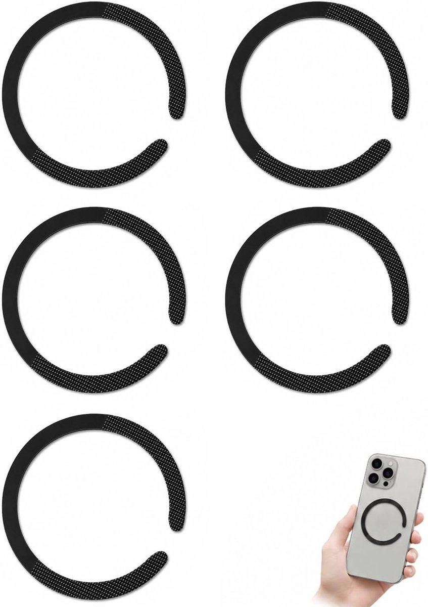 Zelfklevend, zwart, lasergravure, sterke lijm, compatibel met Magsafe en autohouder, ultradunne metalen plaat voor smartphone en hoes, 5 stuks