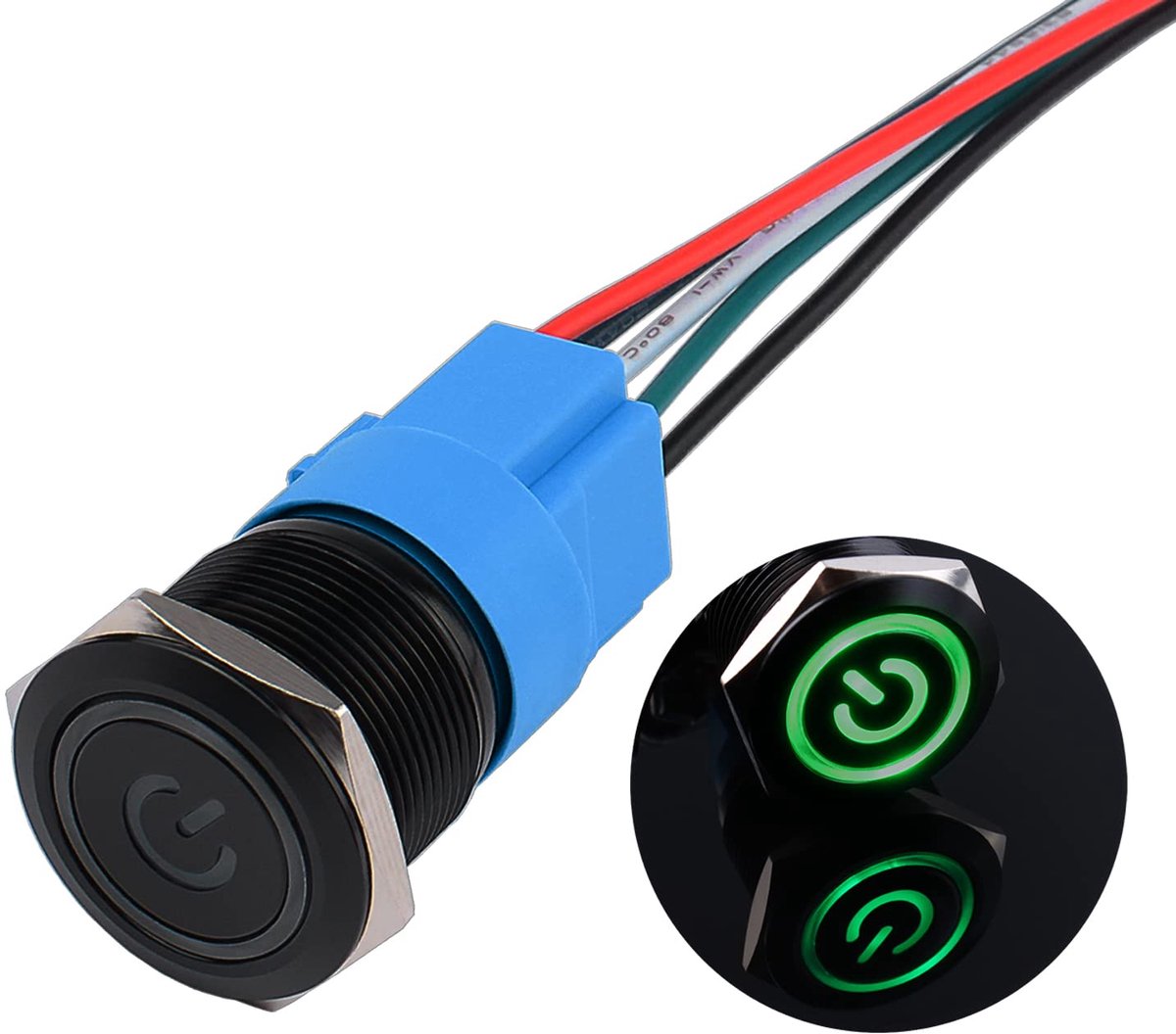 Waterdichte drukschakelaar, 22 mm, 12 V tot 24 V, 5 A, aan/uit-knop, schakelaar met ledverlichting, zwarte metalen behuizing, voorbedrade momentary drukknop voor auto, motorfiets, groen