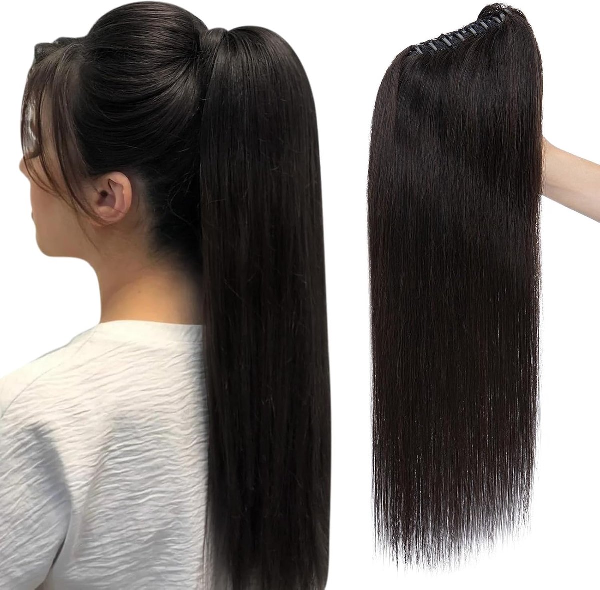 Haarextensies Echt Haar, 56 cm Paardenstaartextensie Natuurlijk Echt Haar Steil Remy Haar Stukjes - Natuurlijk Zwart (130 g)