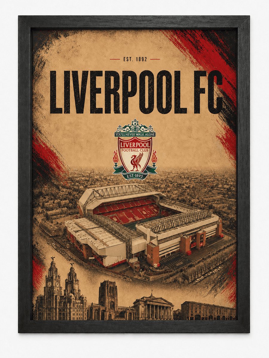 Liverpool FC Poster | Anfield Stadion & Liverpool Skyline | Inclusief Zwarte A4 Lijst | Voetbal Wanddecoratie
