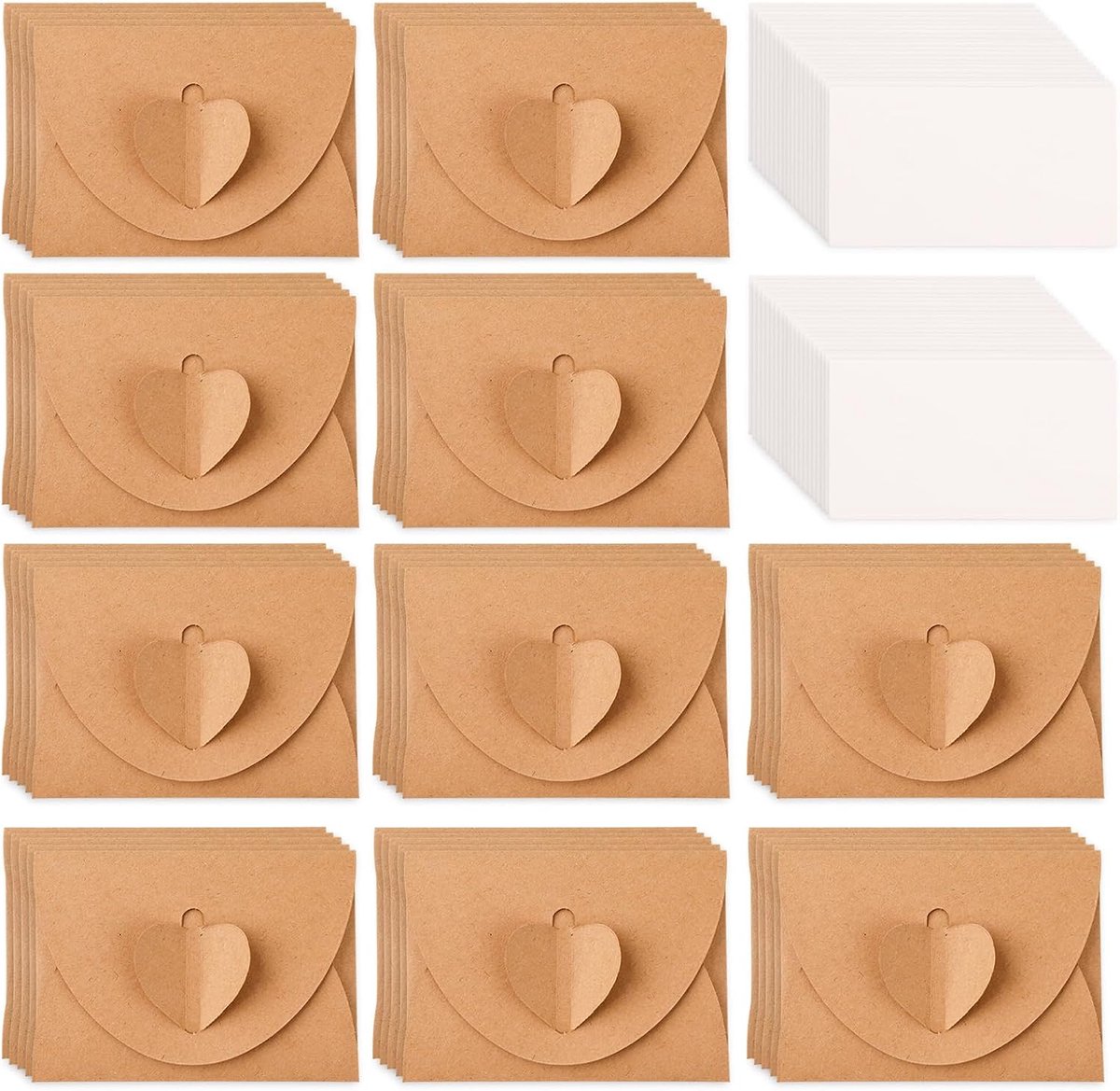 50 stuks kleine enveloppen van kraftpapier met blanco kaarten, mini-enveloppen, vintage enveloppen met hartsluiting voor doe-het-zelf bedankkaarten, uitnodiging, verjaardagskaarten