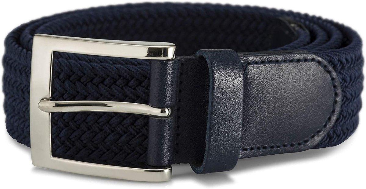 35 mm brede elastische riem - gevlochten elastische geweven riem met zilveren gesp, ideaal voor jeans, marineblauw, S (Taille 69/79 cm)