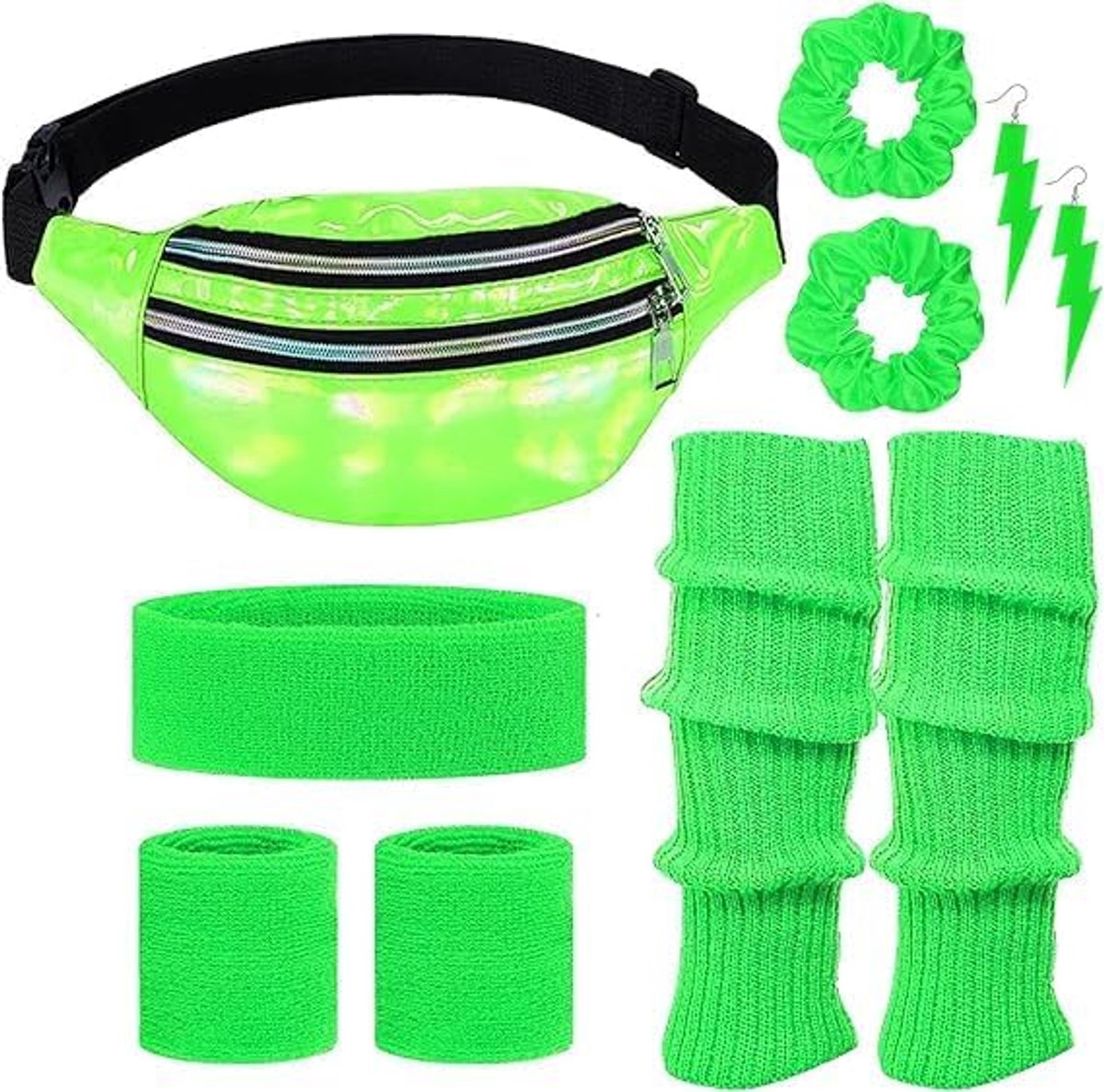 80 en 90 outfit voor dames, accessoires, jaren 80-outfit voor dames, met riemtas, hoofdband, armbanden, beenwarmers, oorringen, haarelastiekjes, jaren '90 neon feestoutfit accessoires