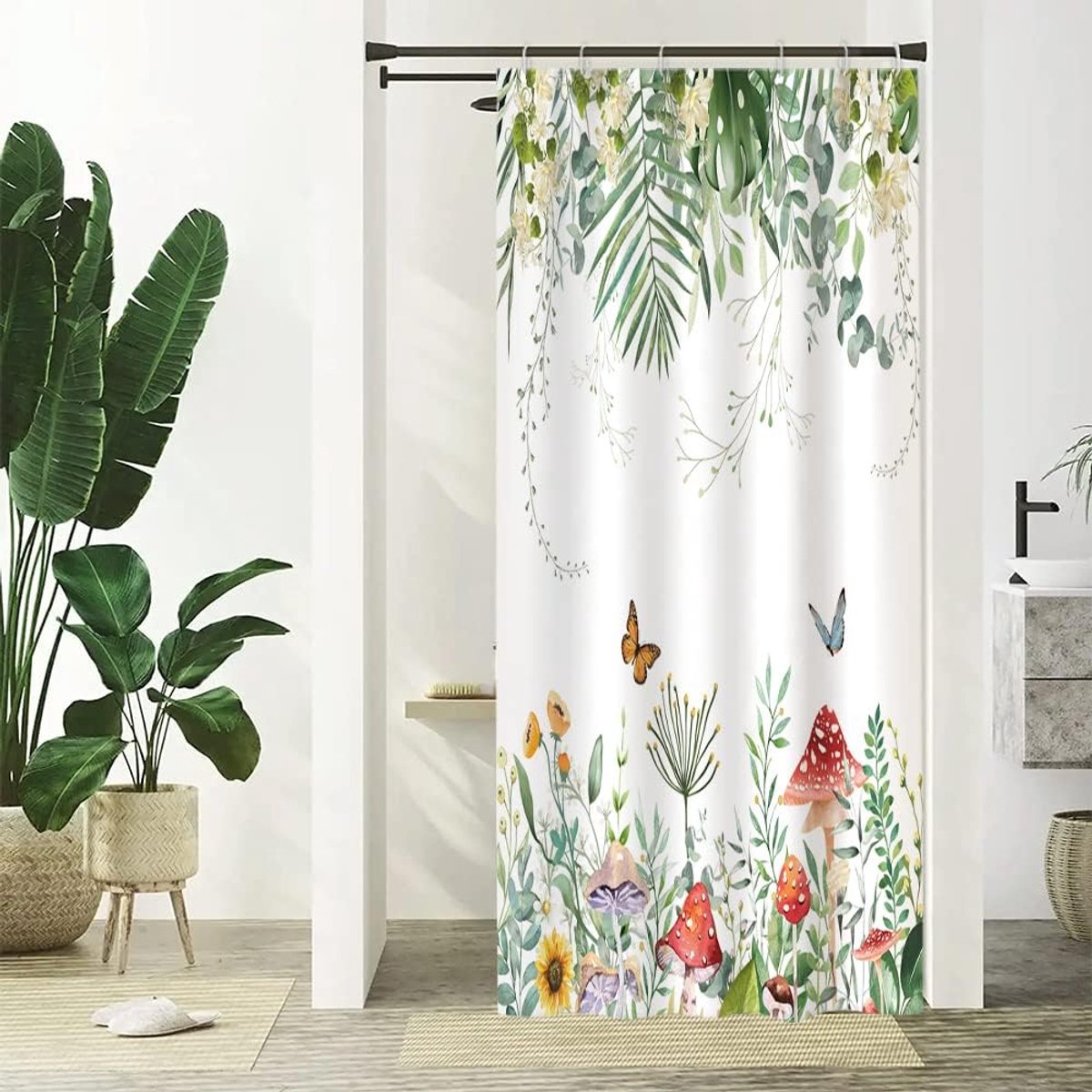 Douchegordijn met eucalyptus, groen, palm, bladeren, paddenstoel, vlinderpatroon, anti-schimmel, waterdicht, polyester, wasbaar, badgordijn met haken voor bad, 90 x 180 cm